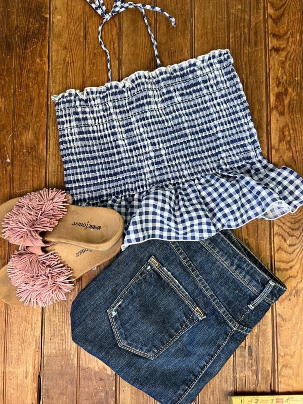 Vintage 80s smocked stretch crop top Navy and White Gingham Ruffle bottom peplum